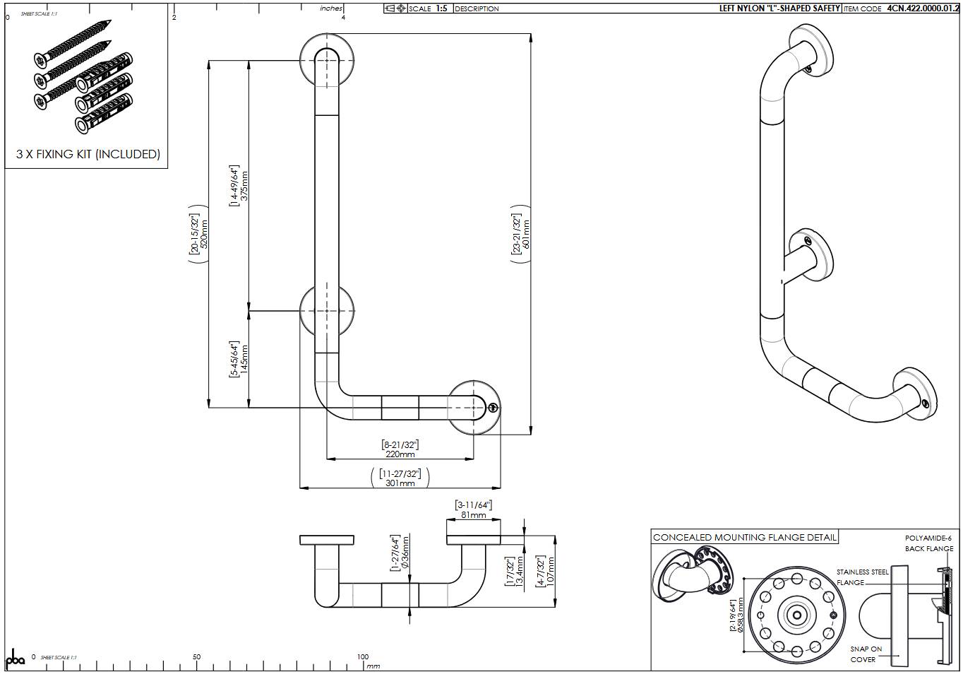 pba 01 Haltegriff mit PRH L 300x520mm, L-Form, aus Nylon