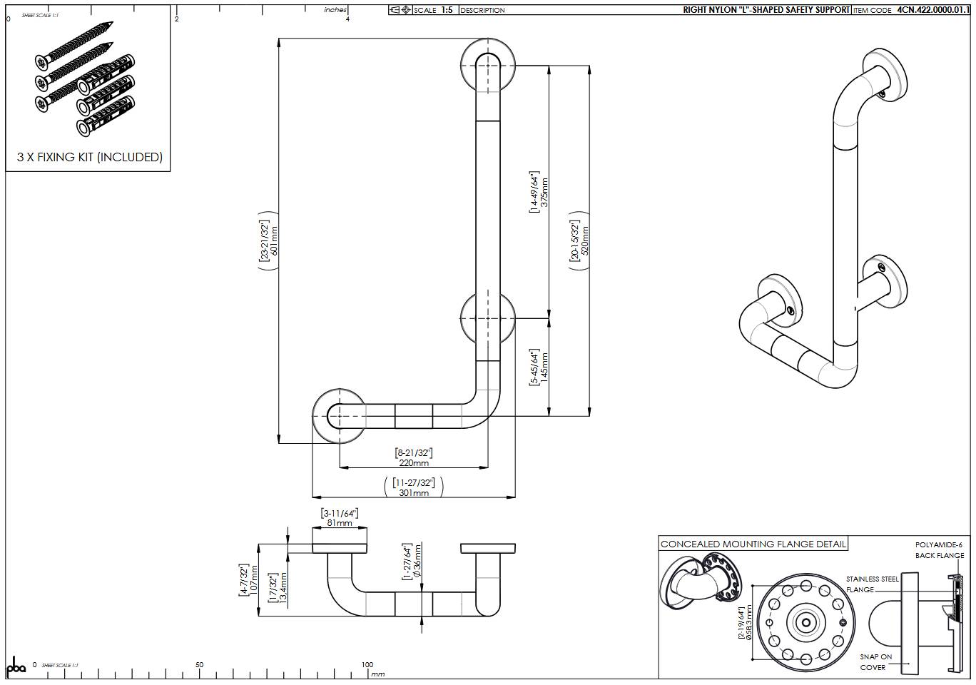 pba 01 Haltegriff mit BH R 500x750mm, L-Form, aus Nylon