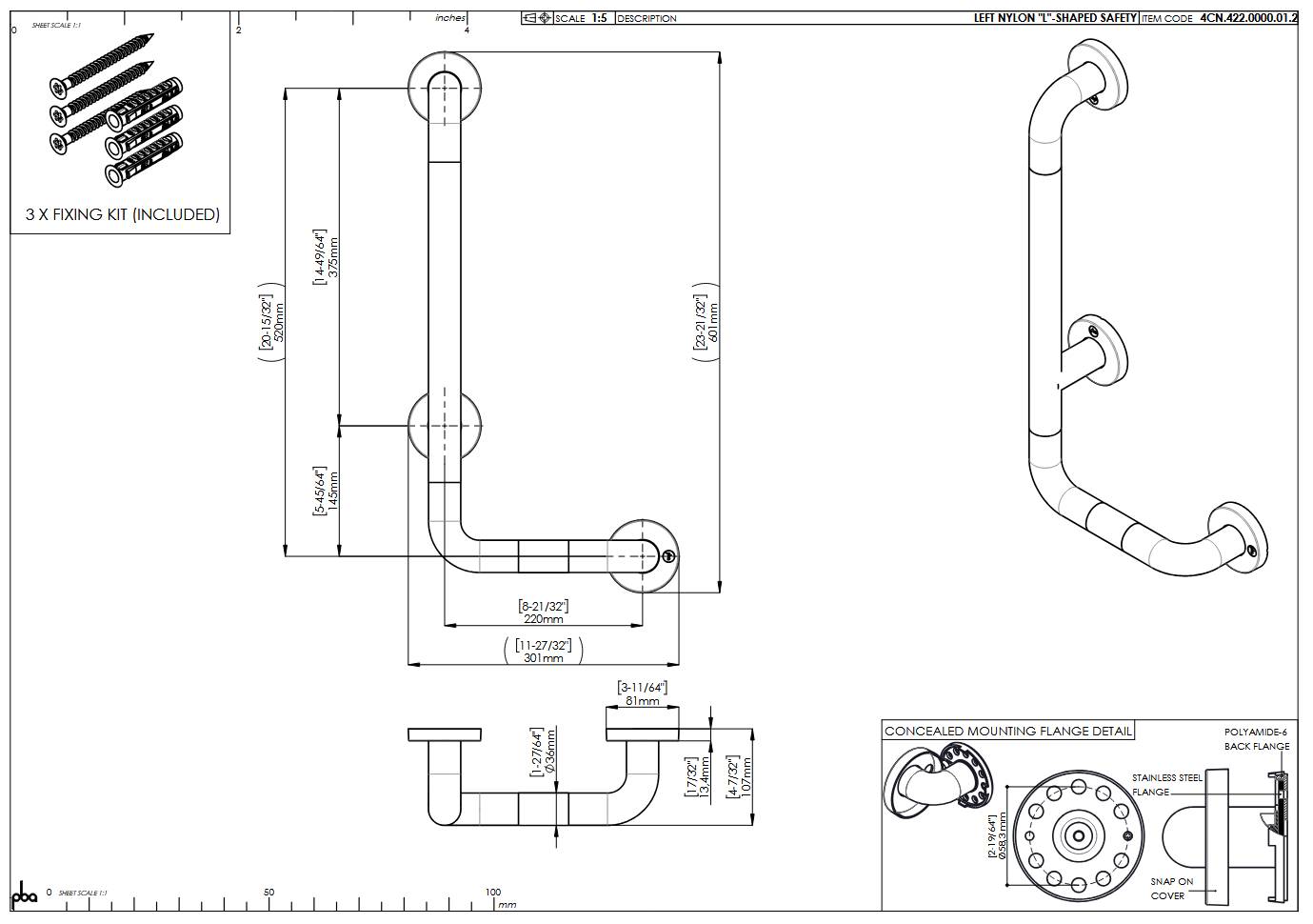 pba 01 Haltegriff mit PRH L 320x720mm, L-Form, aus Nylon