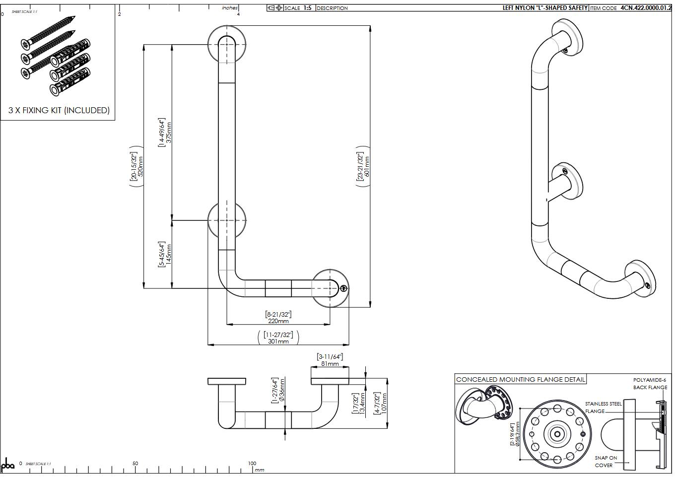 pba 01 Haltegriff mit PRH L 220x520mm, L-Form, aus Nylon