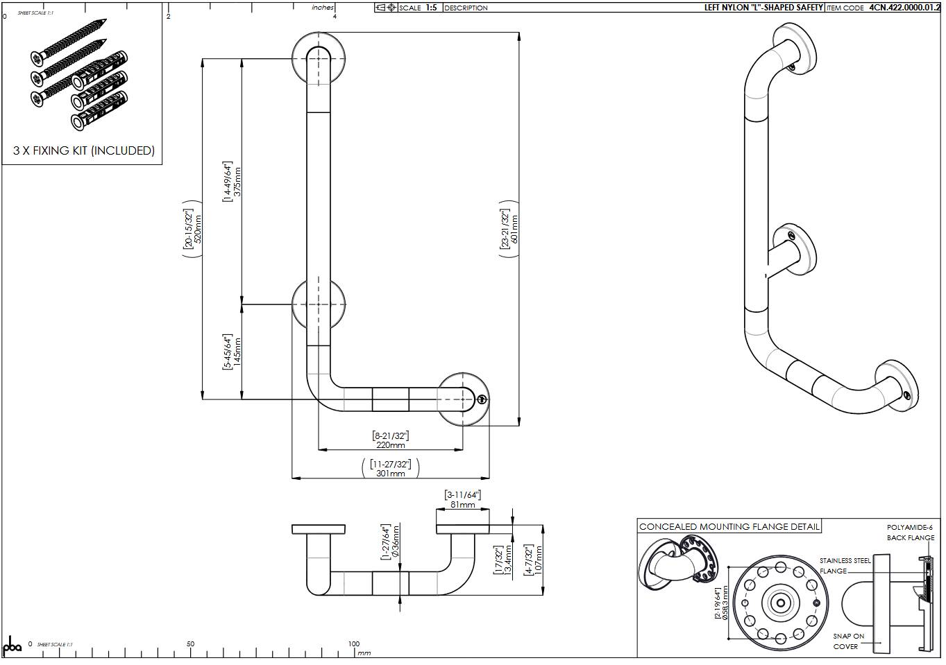 pba 01 Haltegriff mit PRH L 400x1160mm, L-Form, aus Nylon