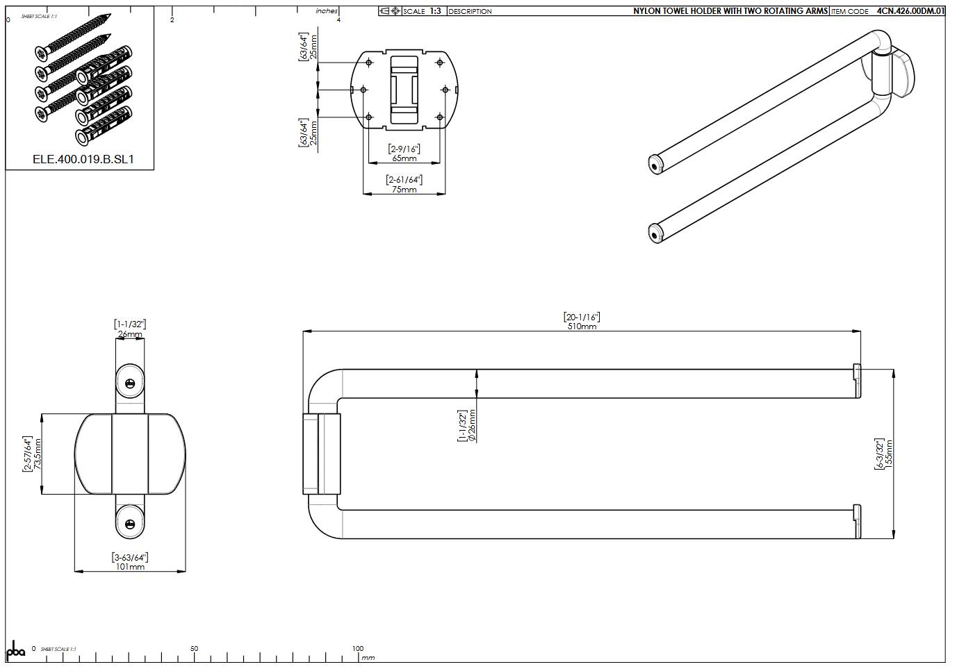 pba 01 Handtuchhalter, zweiarmig, aus Nylon, 500x155mm