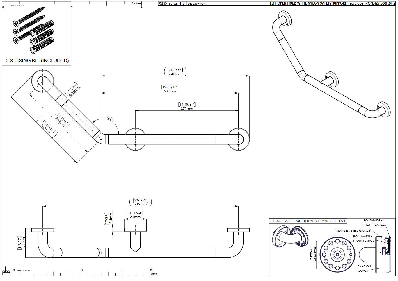 pba 01 Winkelgriff, links 500x300mm, aus Nylon, feststehend