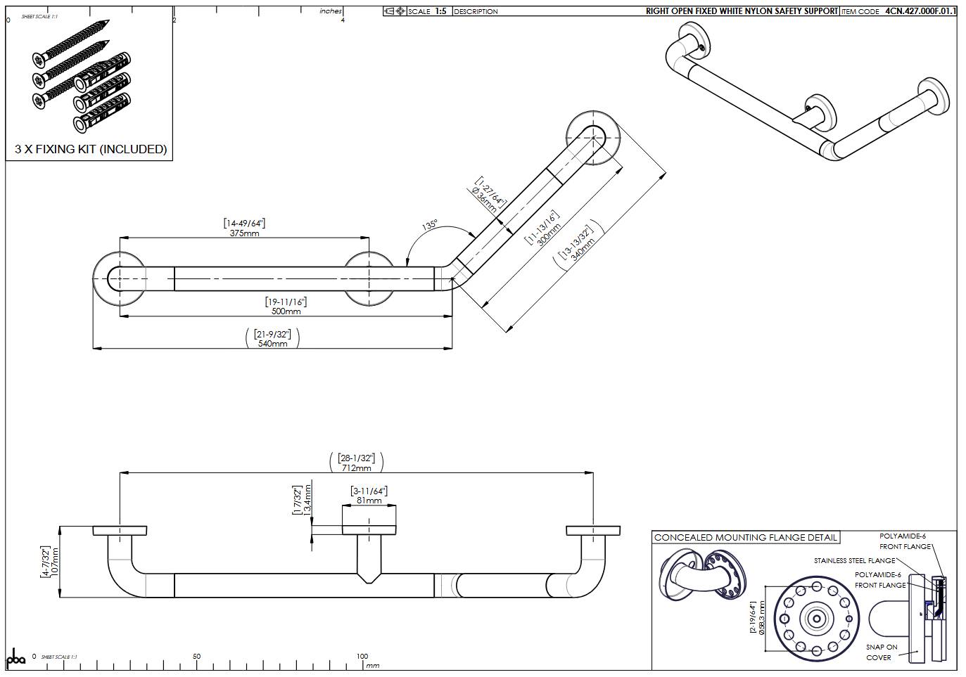 pba 01 Winkelgriff, rechts 500x300mm, aus Nylon, feststehend