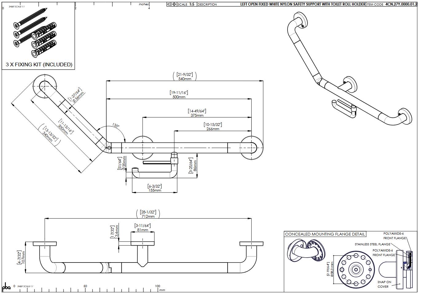 pba 01 Winkelgriff L mit PRH 500x300mm, aus Nylon
