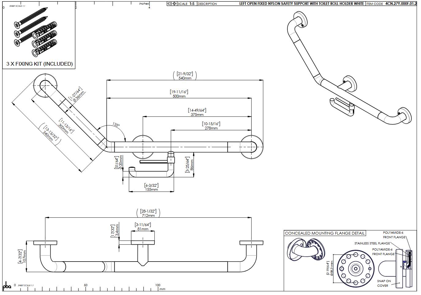 pba 01 poignée angulaire, L fixe 500x300mm, fixe, gauche, en nylon, avec PRH