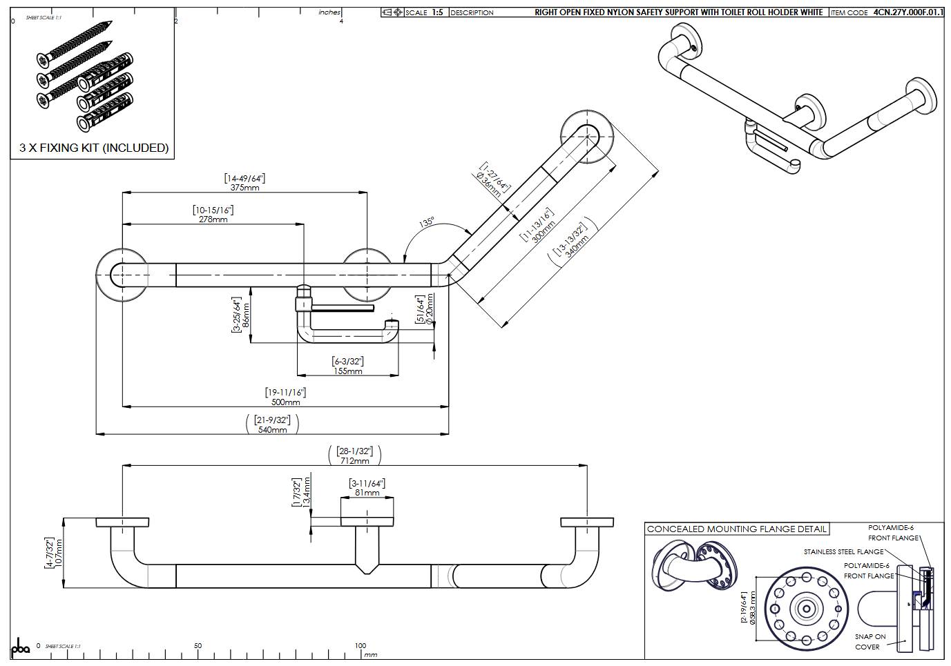 pba 01 Winkelgriff, R fest 500x300mm, feststehend, rechts, aus Nylon, mit PRH