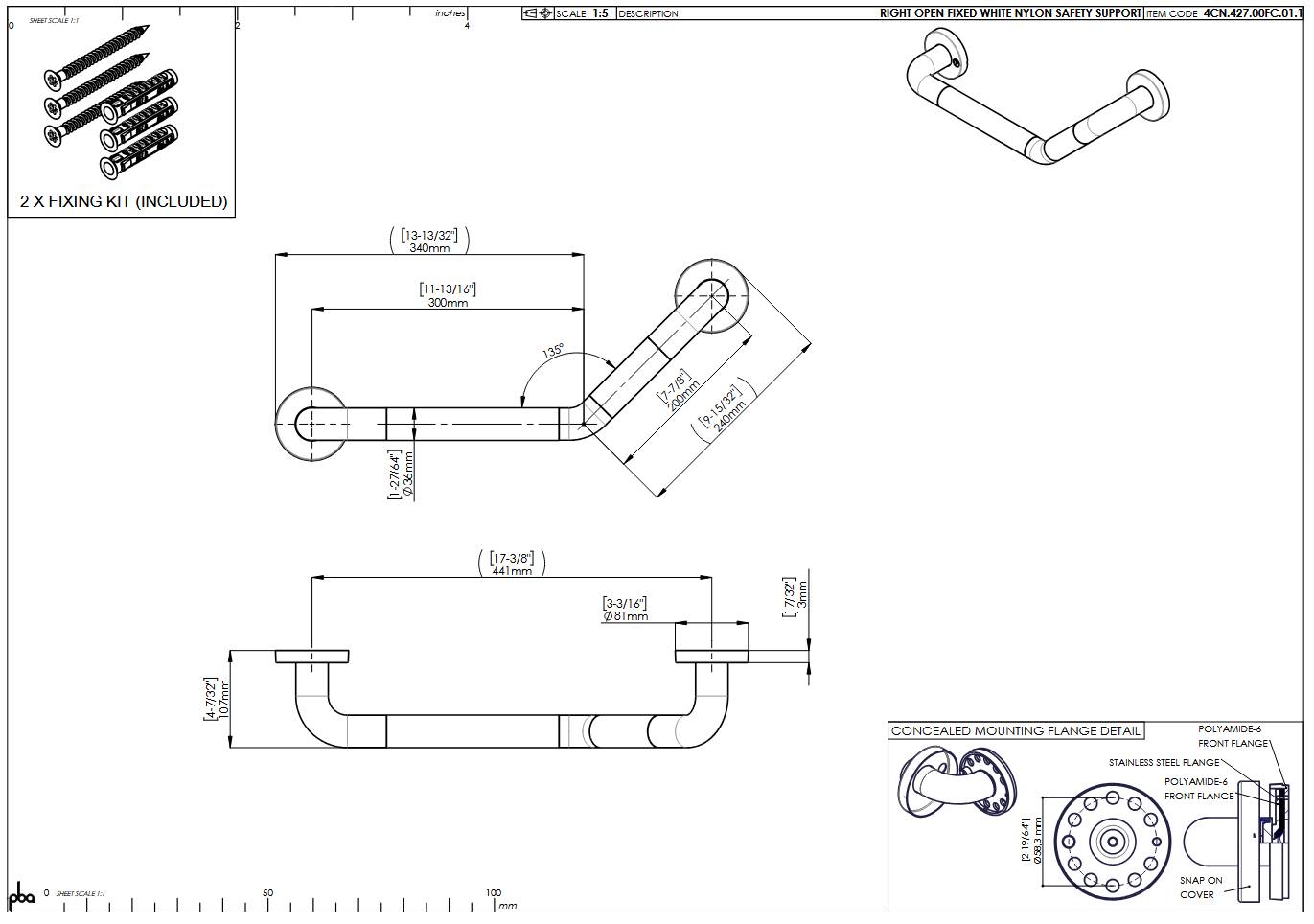 pba 01 Poignée d'angle, R 300x200 mm, droite, en nylon, fixe