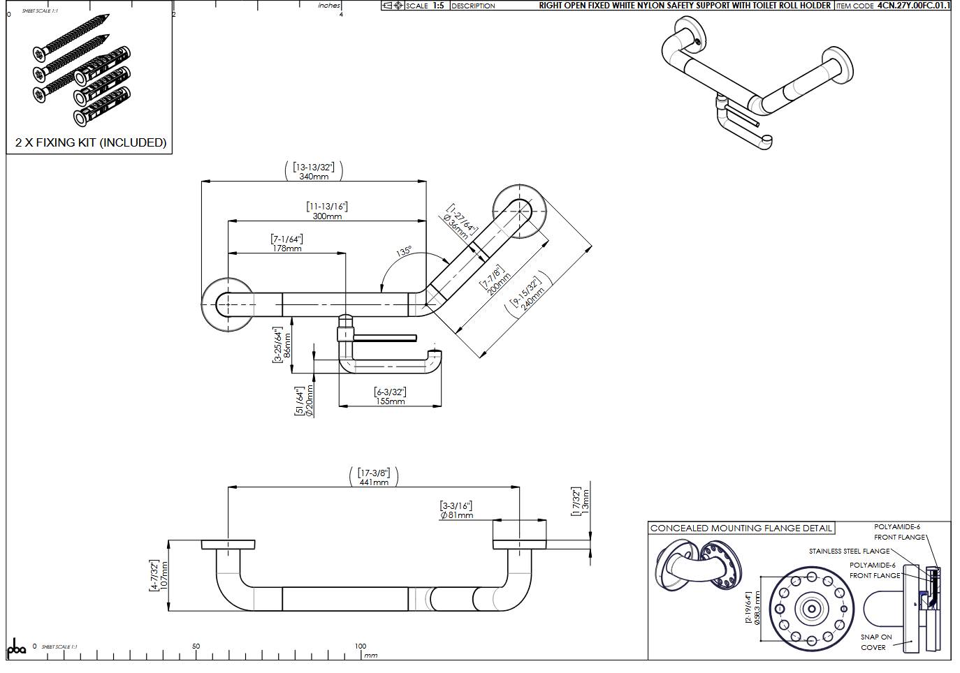 pba 01 Poignée d'angle R avec PRH 300x200 mm, droite, en nylon, fixe
