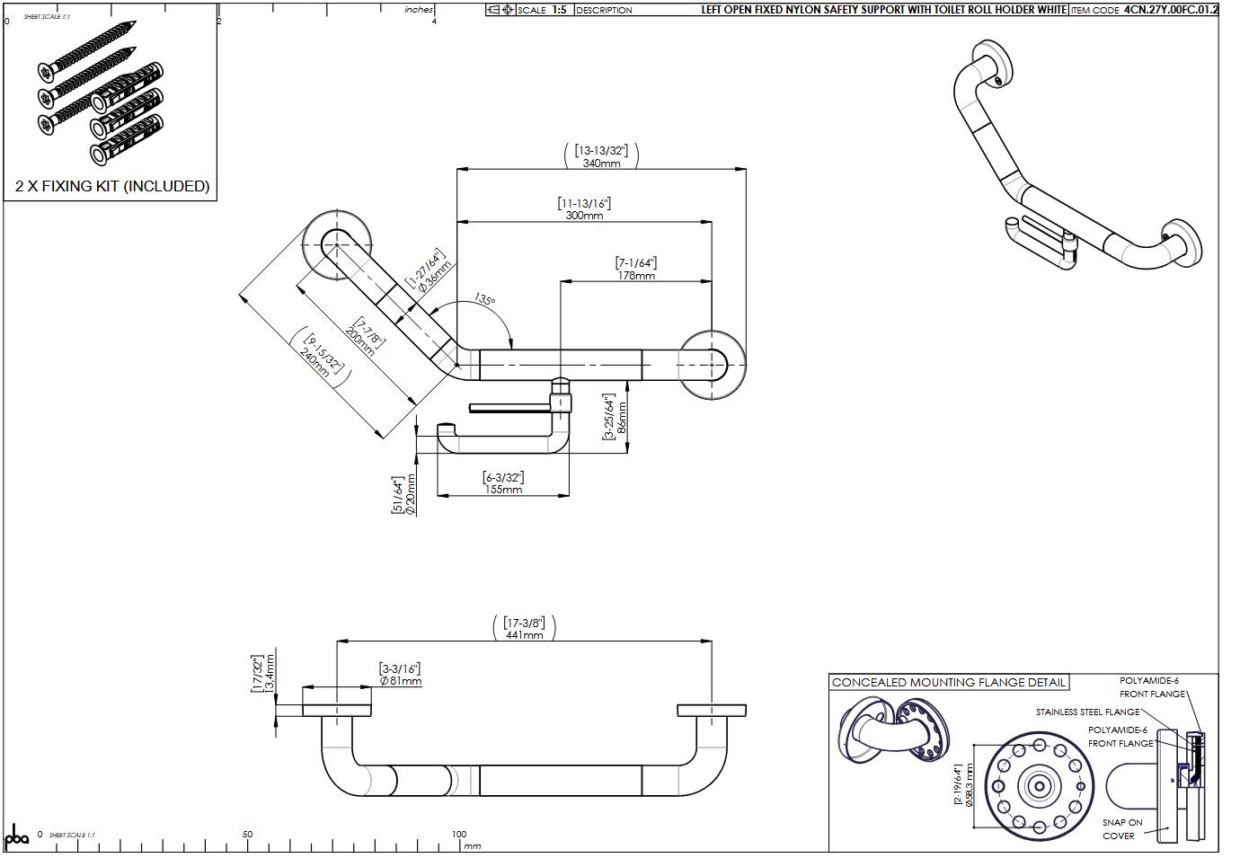 pba 01 Winkelgriff L mit PRH 300x200mm, links, aus Nylon, feststehend