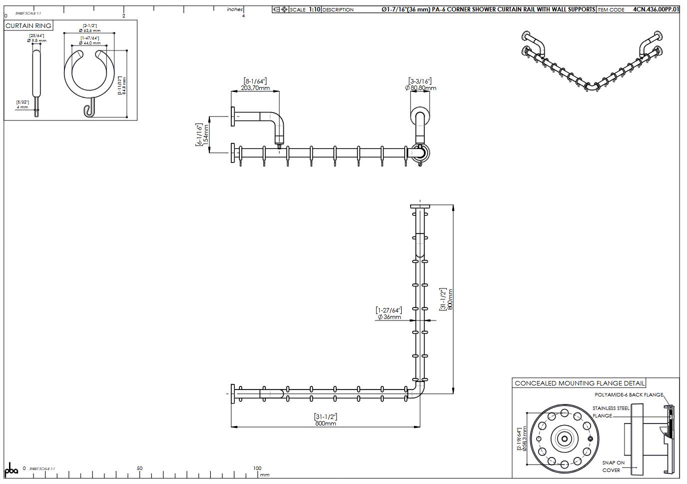 pba 01 Duschstange, L-Form mit Wand- Stützen aus Nylon, 800x800mm