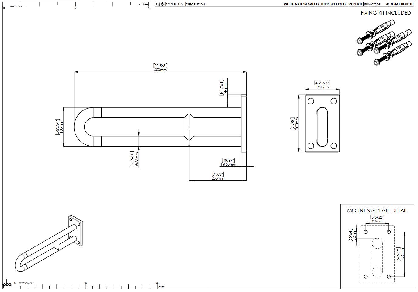 pba 01 Wandstützgriff 700mm aus Nylon, feststehend