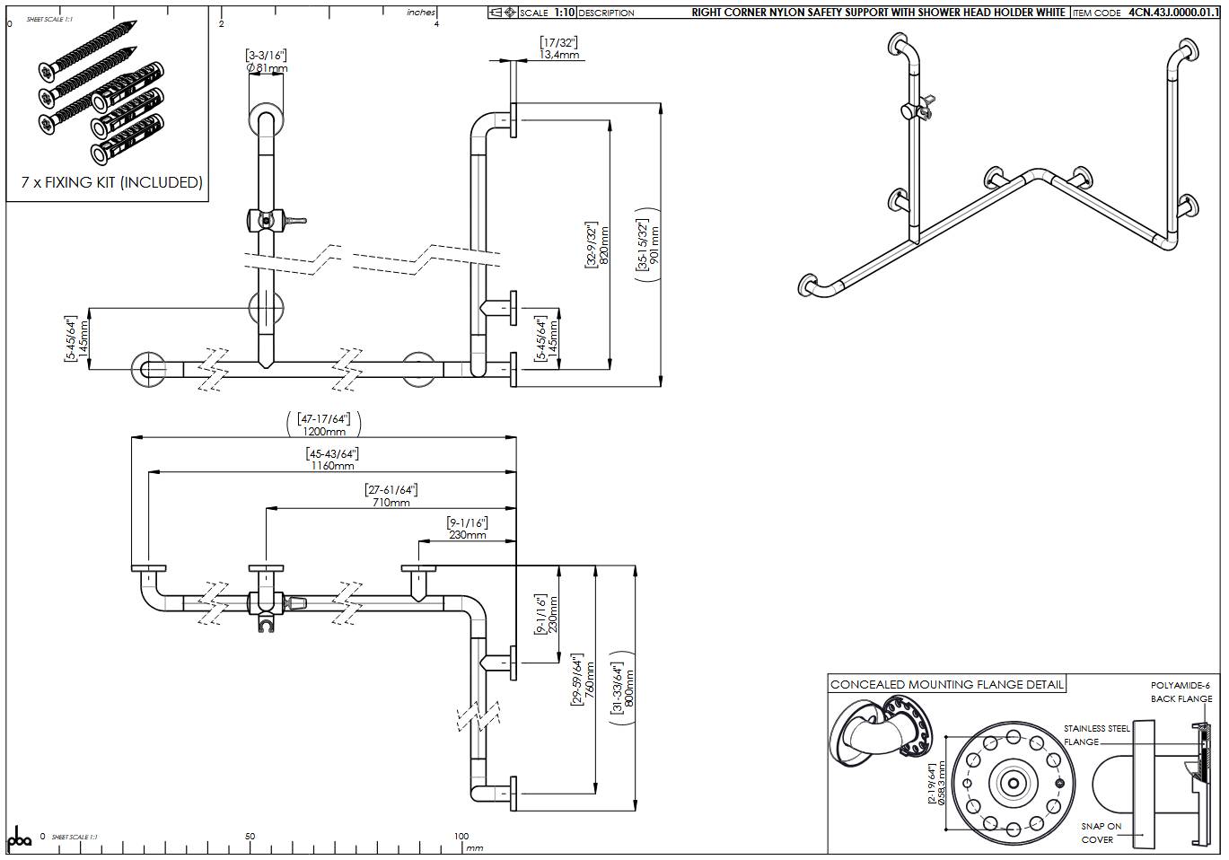 pba 01 Duschhandlauf R 1160x760, mit BH, 2 Stange 820mm, 1 BRH, Nylon