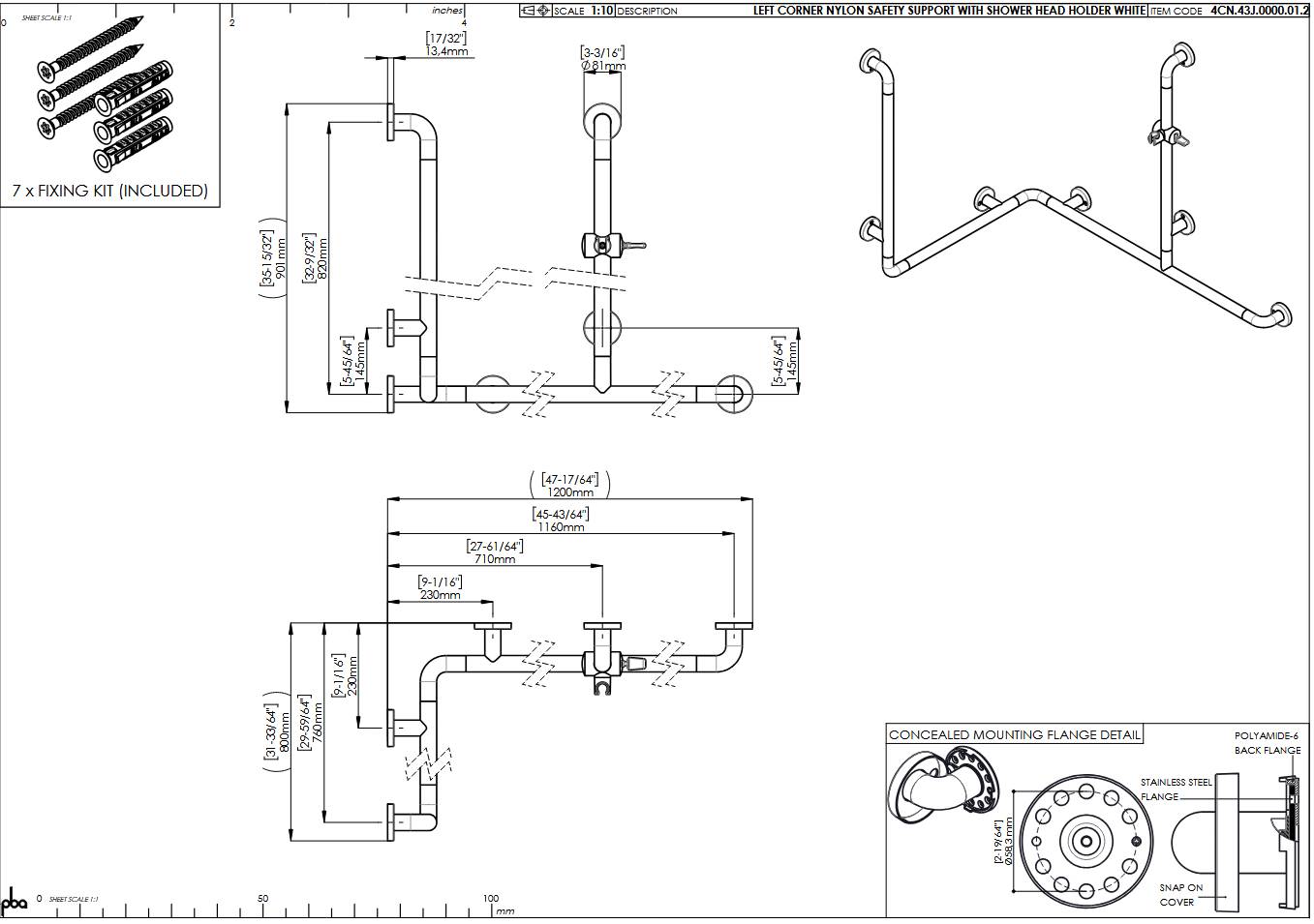 pba 01 Duschhandlauf L 1160x760, mit BH, 2 Stange 820mm, 1 BRH, Nylon