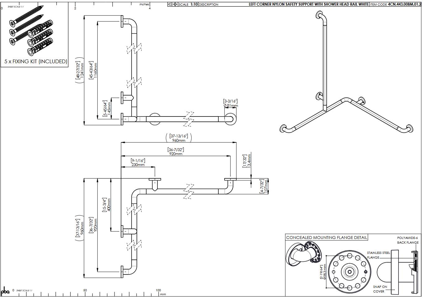 pba 01 Duschhandlauf L 920x920, Brausehalterstange 1160mm, aus Nylon