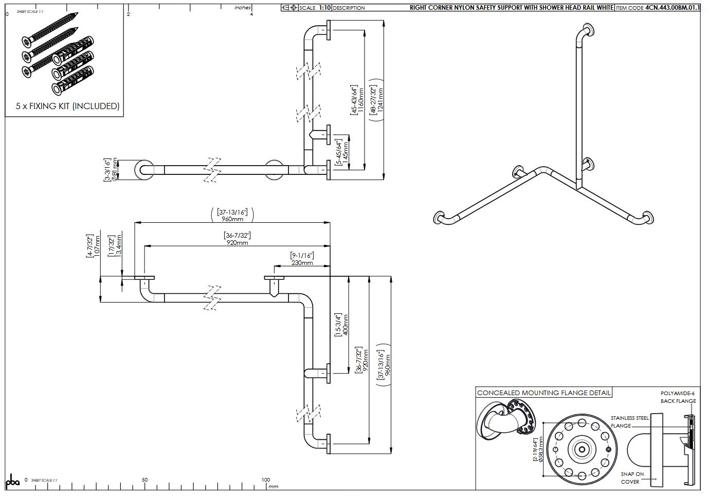 pba 01 Duschhandlauf R 920x920, Brausehalterstange 1160mm, aus Nylon