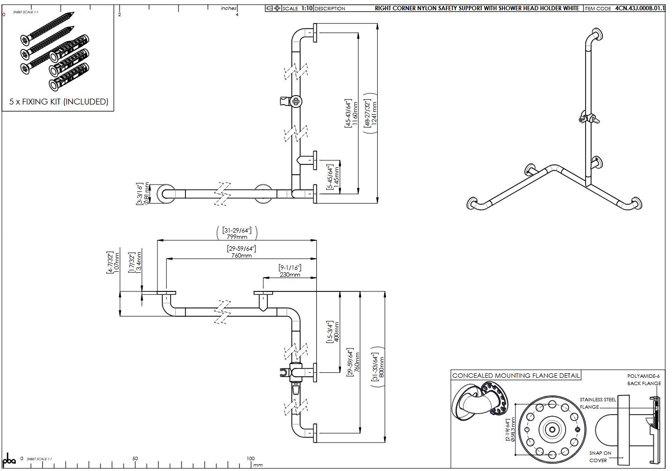 pba 01 Duschhandlauf R 760x760 mit BH, Brausehalterstange 1160mm, aus Nylon