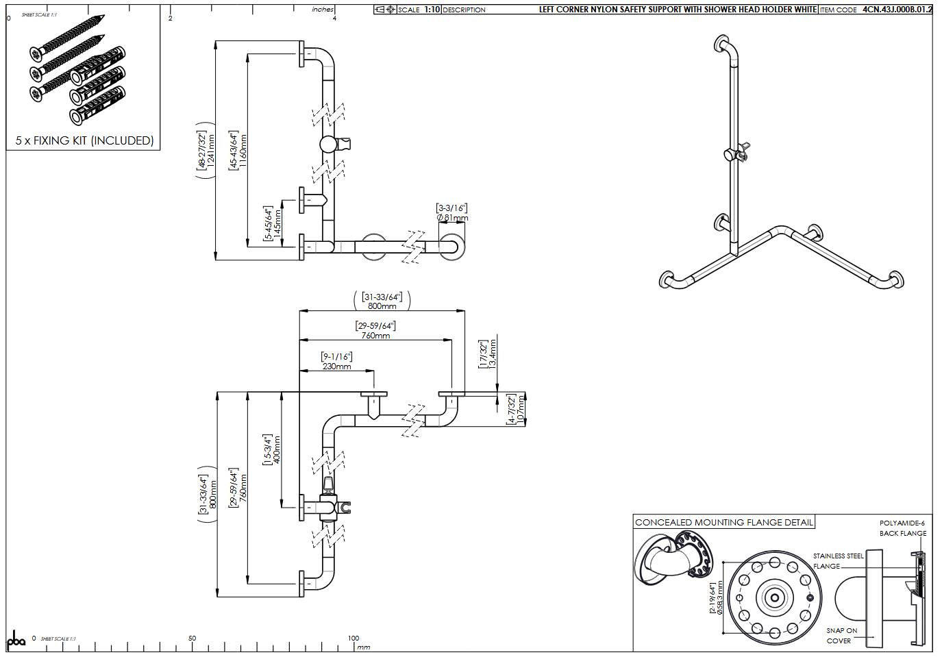 pba 01 Duschhandlauf L 760x760 mit BH, Brausehalterstange 1160mm, aus Nylon