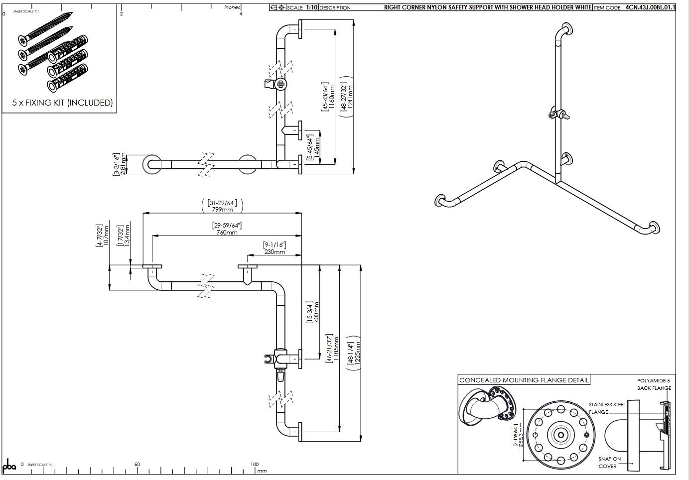 pba 01 Duschhandlauf R 760x1185 mit BH, Brausehalterstange 1160mm, aus Nylon