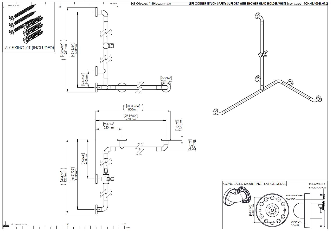 pba 01 Duschhandlauf L 760x1185 mit BH, Brausehalterstange 1160mm, aus Nylon
