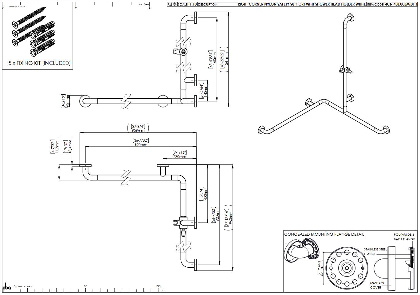 pba 01 Duschhandlauf R 920x920 mit BH, Brausehalterstange 1160mm, aus Nylon