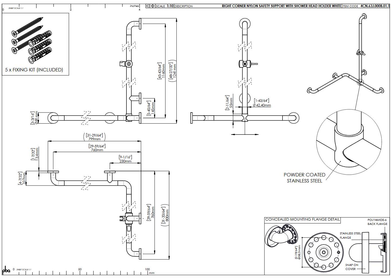 pba 01 Duschhandlauf R 760x760 V Brausehalterstange verschiebbar 1160mm, aus Nylon
