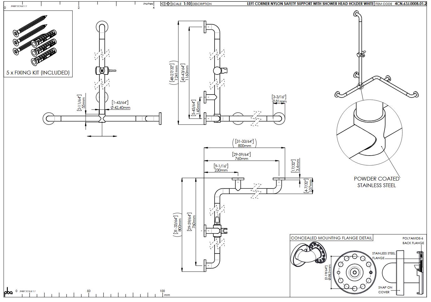 pba 01 Duschhandlauf L 760x760 V Brausehalterstange verschiebbar 1160mm, aus Nylon