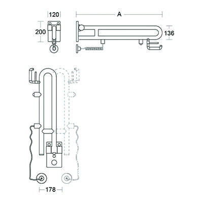 pba 01 Klappgriff drehbar,PRH 700mm mit E- taster aus Nylon