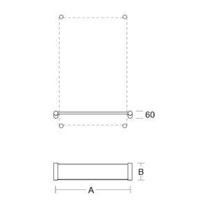 Einfaches technisches Diagramm einer rechteckigen Komponente mit den Abmessungen A und B und einer markierten Messung von 60 auf der rechten Seite.