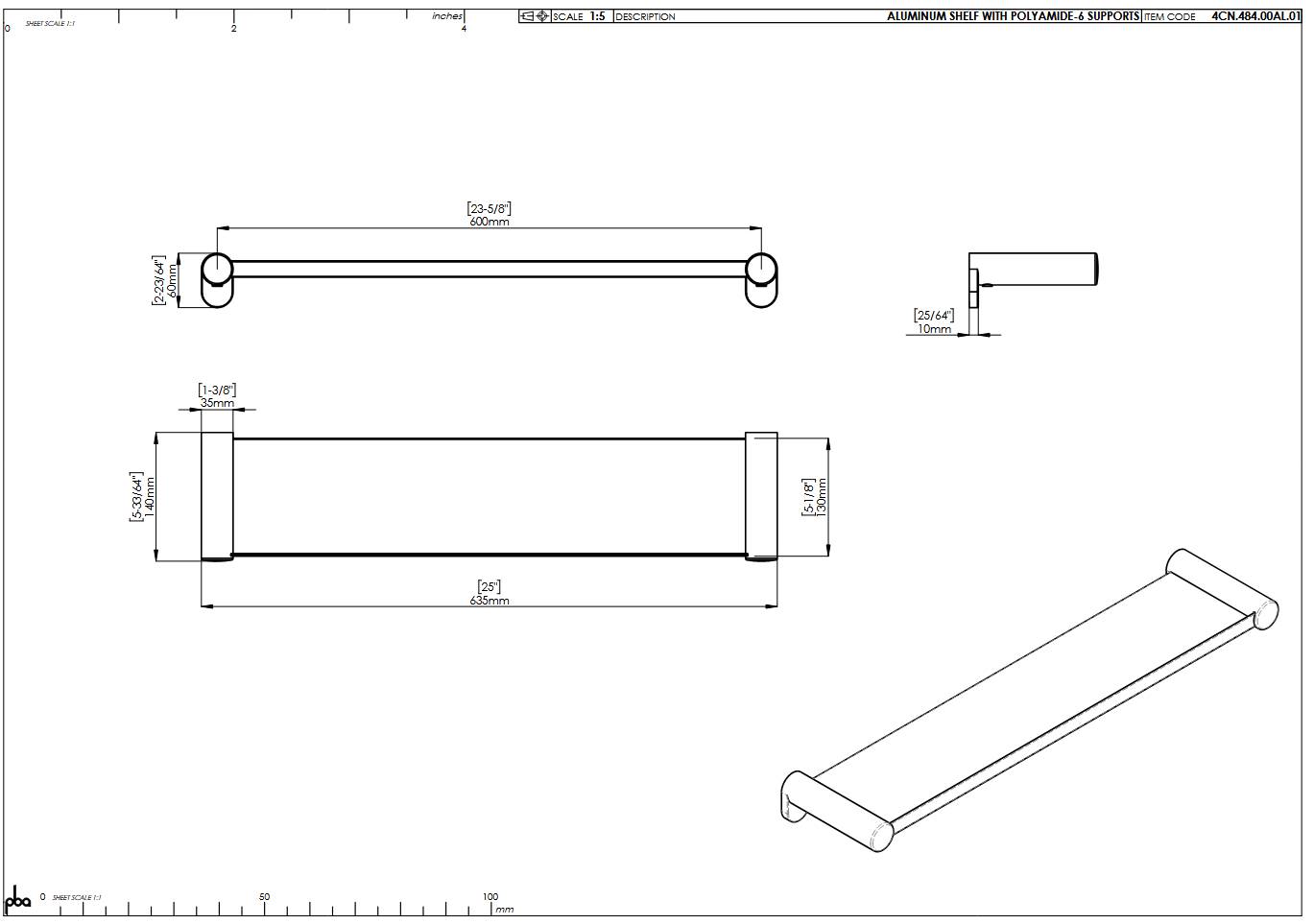 pba 01 Aluminiumablage, 150x650(685)mm mit Nylon Halterungen