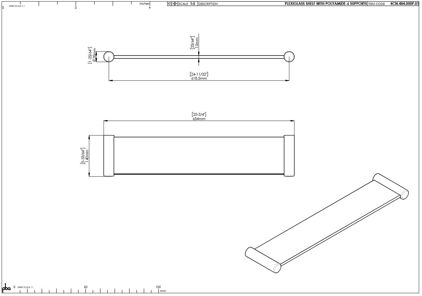 pba 01 Plexiglasablage, seitlichen Halterungen, aus Nylon, 140x620(656)mm