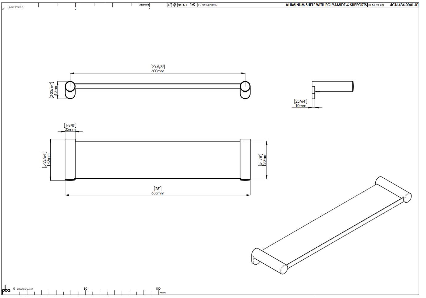 pba 01 Aluminiumablage, 140x600(635)mm mit Nylon Halterungen