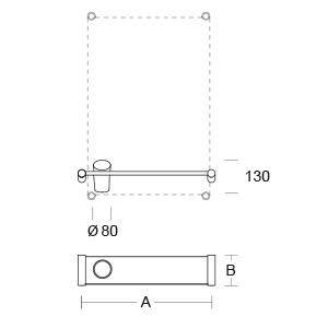 Technische Zeichnung eines zylindrischen Teils mit bemessenen Ansichten, gekennzeichnet mit A, B, 130 und Ø80, zeigt ein Loch in der Nähe eines Endes.
