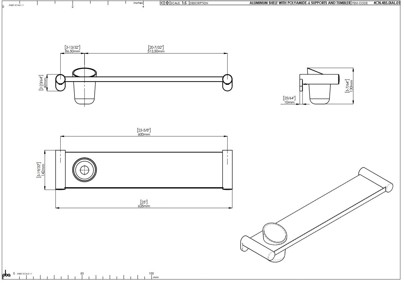 pba 01 Alu-Ablage 150x650(685)mm mit Becher aus Nylon