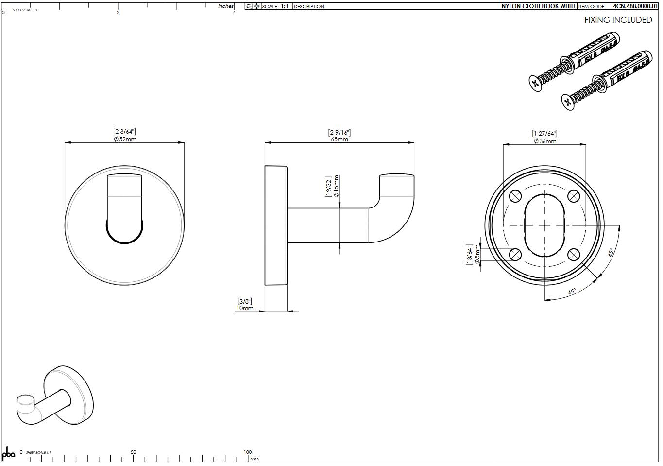 pba 01 Wandhaken 65mm Durchm.52mm, aus Nylon