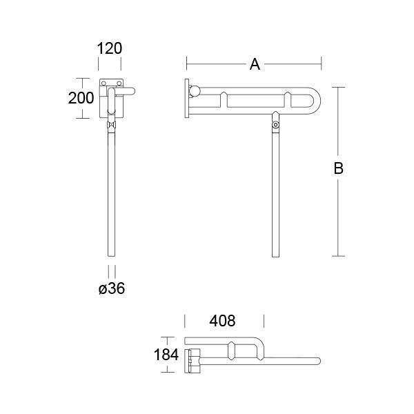 pba 01 Stützklappgriff links AP 605mm, aus Nylon, mit Bodenstütze