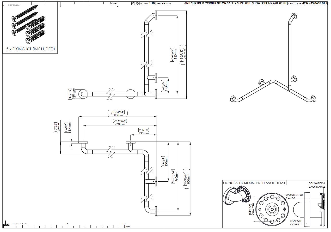 pba 01 Duschhandlauf AS rechts 760x760, Anti-Suizid, BH-Stange 1160mm, aus Nylon