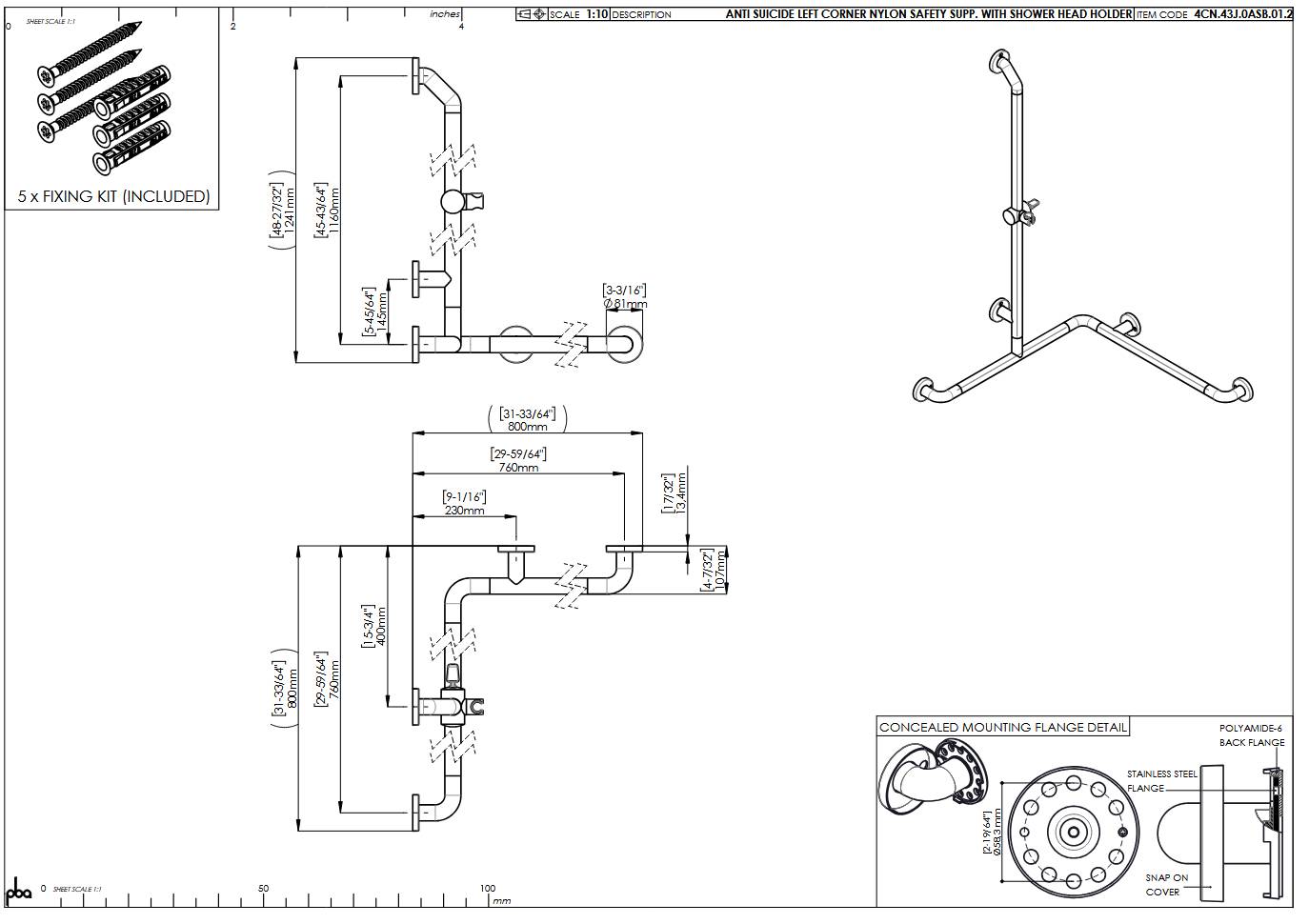 pba 01 Handlauf AS 760x760x1160mm, links, aus Nylon, mit Brausehalter