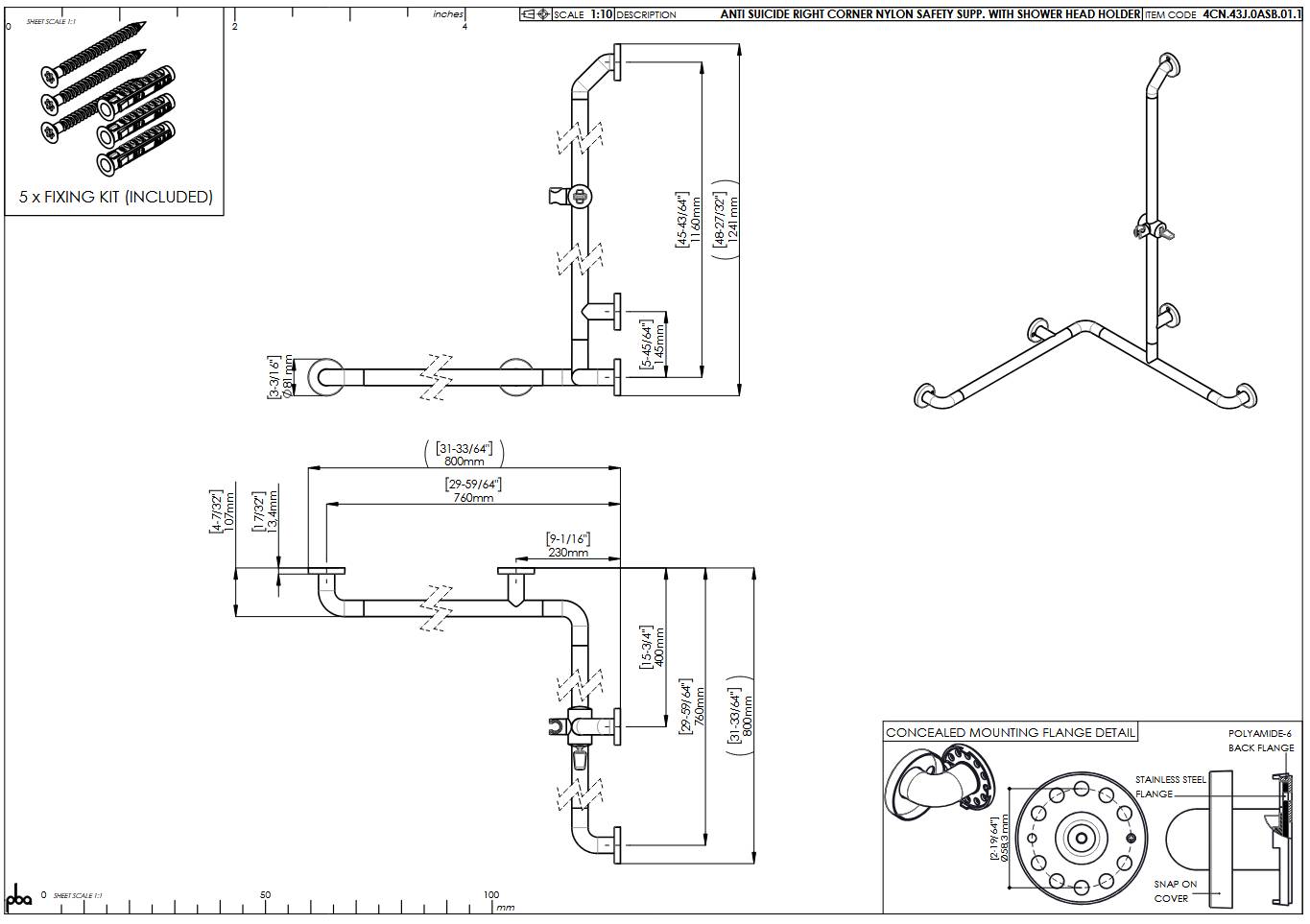 pba 01 Handlauf AS 760x760x1160mm, rechts, aus Nylon, mit Brausehalter