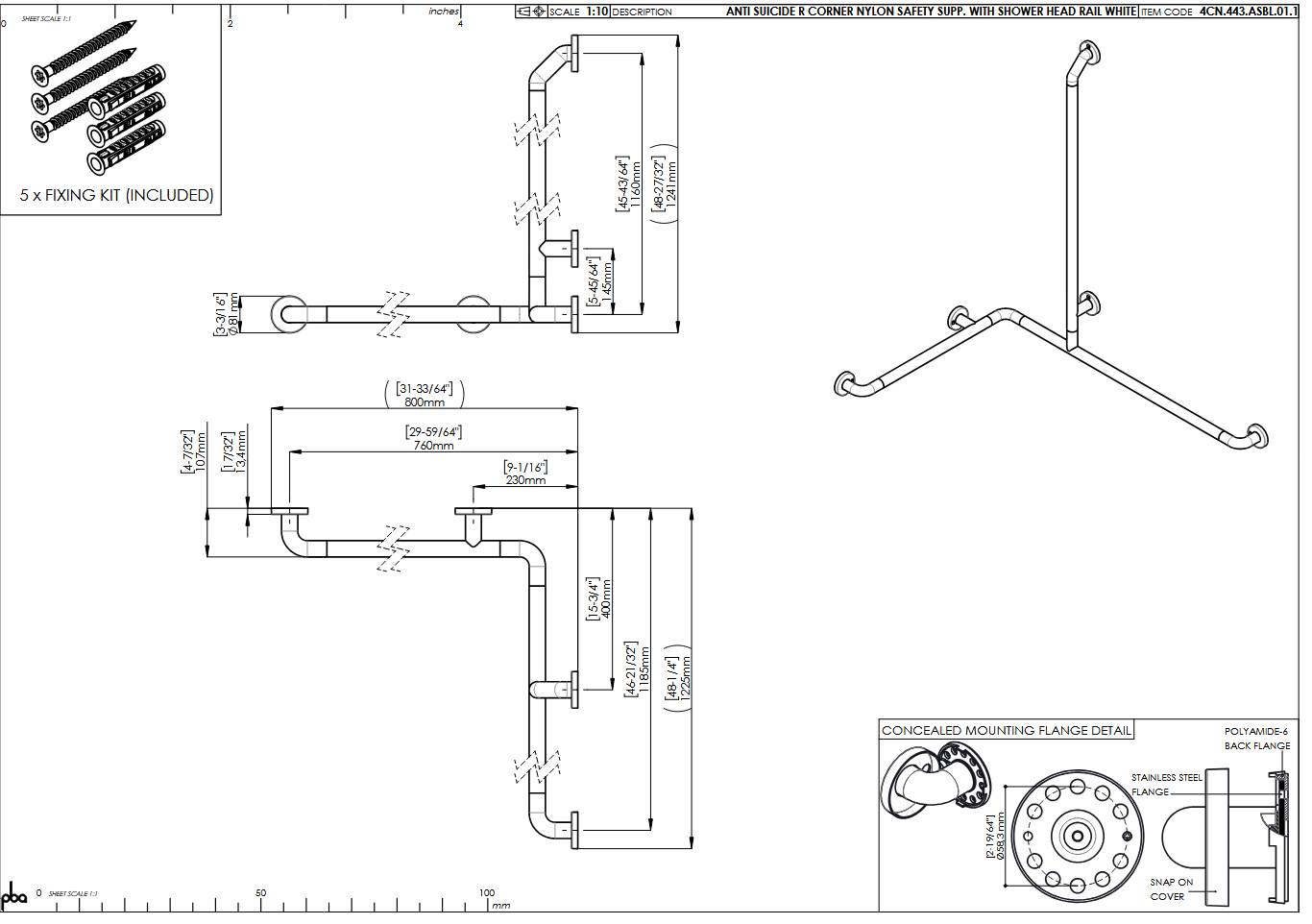 pba 01 Duschhandlauf AS rechts 760x1185, Anti-Suizid, BH-Stange 1160mm, aus Nylon