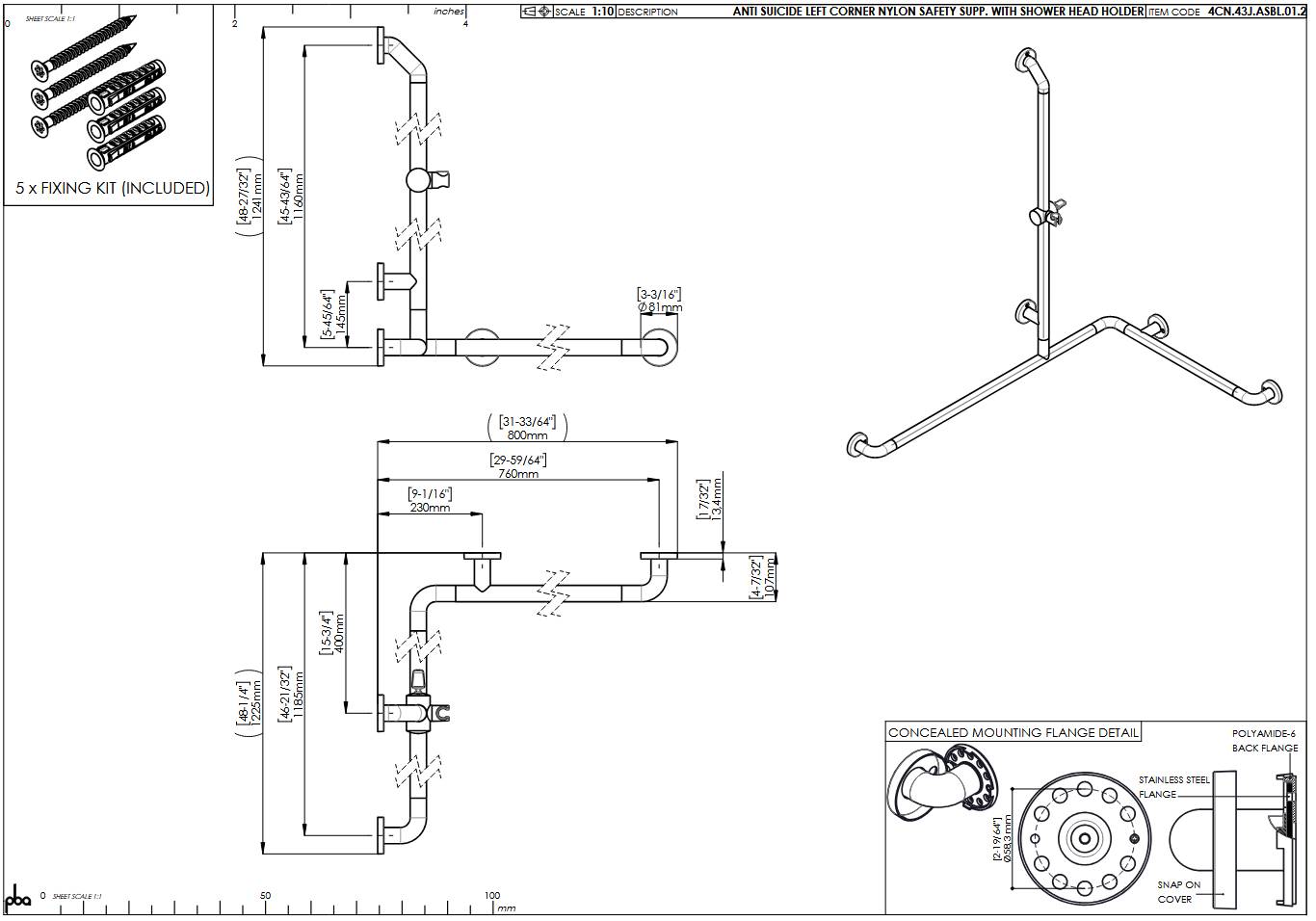 pba 01 Handlauf AS 760x1185x1160mm, links, aus Nylon, 760x1185x1160mm