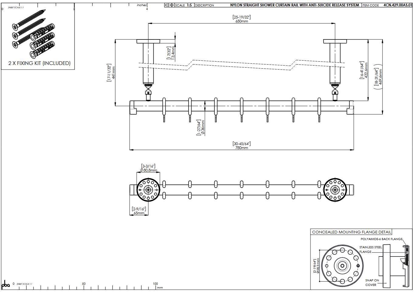 pba 01 tringle de rideau de douche AS 800 mm en nylon