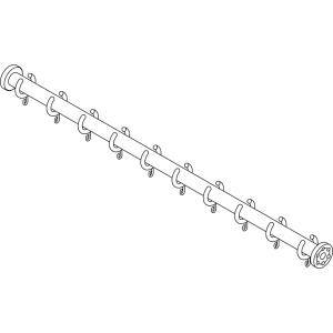 Illustration eines langen zylindrischen Stabes mit gleichmäßig verteilten hakenartigen Halterungen entlang seiner Länge, perspektivisch auf weißem Hintergrund dargestellt.