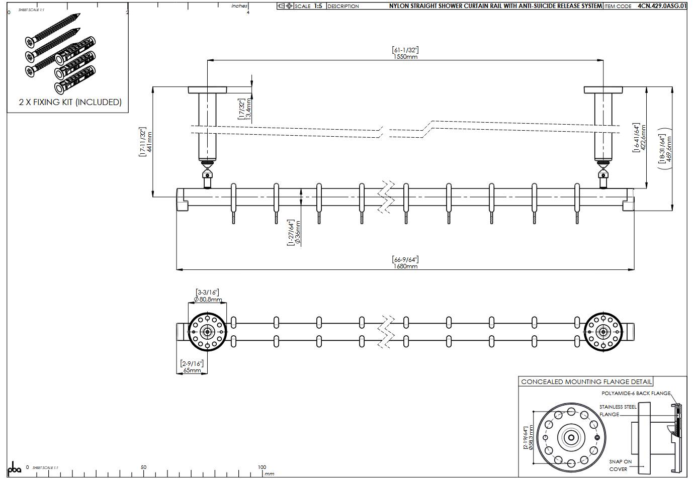pba 01 Duschvorhangstange AS 1700mm aus Nylon