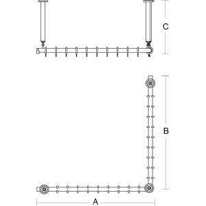 Technisches Diagramm einer L-förmigen Rohr-/Kanalbaugruppe mit Dimensionsbeschriftungen A, B und C, die die horizontalen, vertikalen und oberen Abschnitte kennzeichnen.