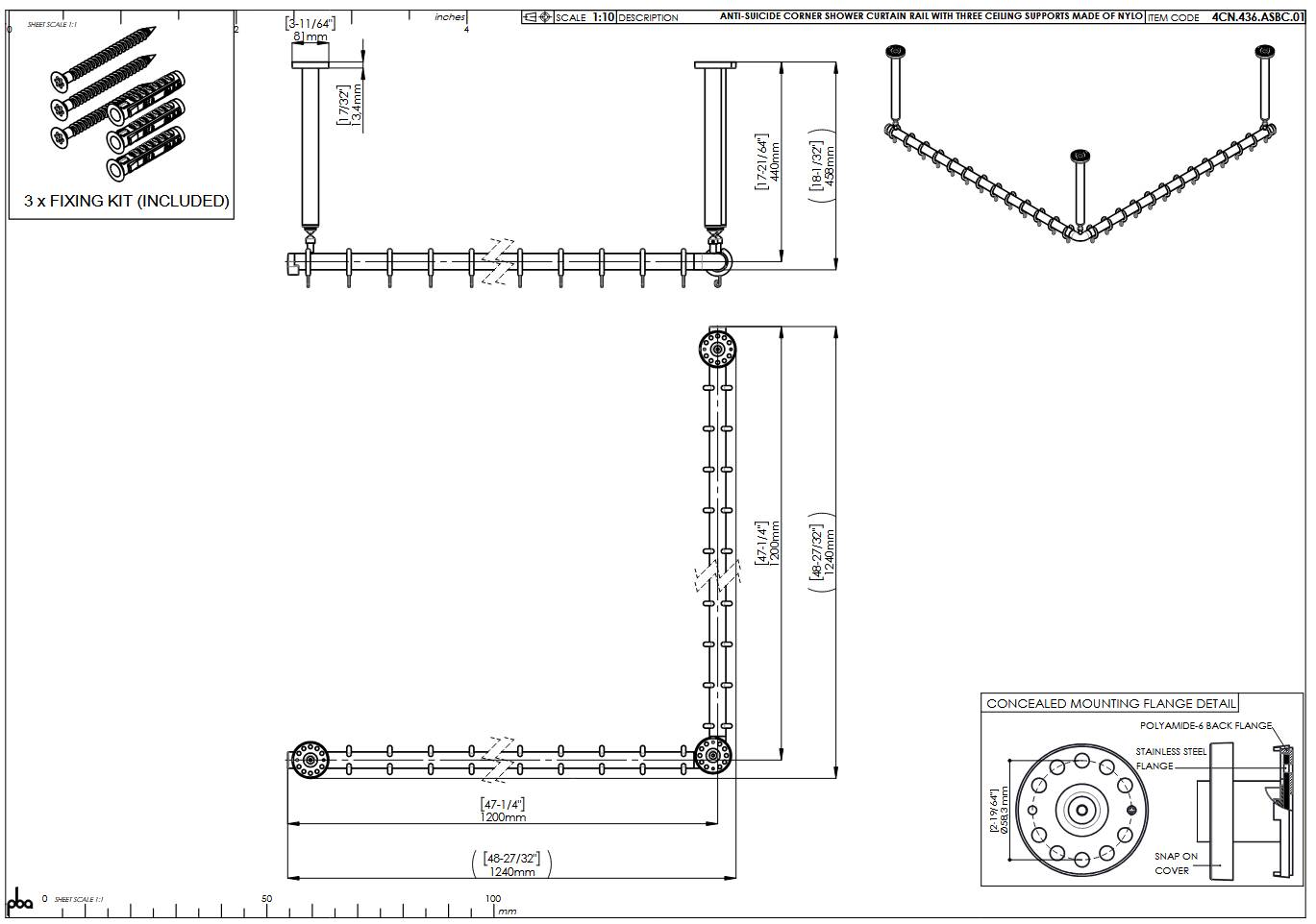 pba 01 Duschstange AS 1200X1200X440mm aus Nylon