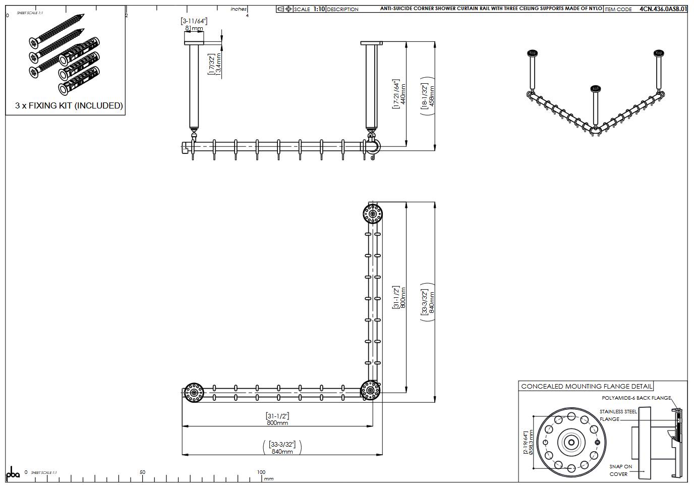 pba 01 Duschvorhangstange AS 800X800X440 aus Nylon