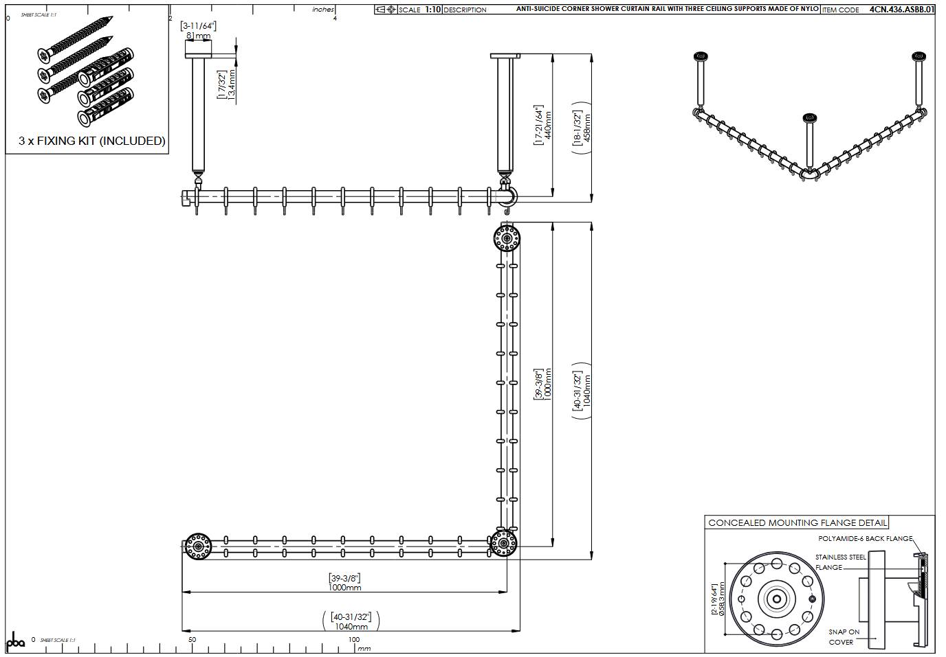 pba 01 Duschstange AS 1000X1000X440mm aus Nylon