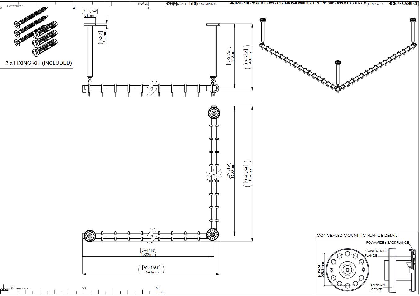 pba 01 Duschstange AS 1500X1500X440mm aus Nylon