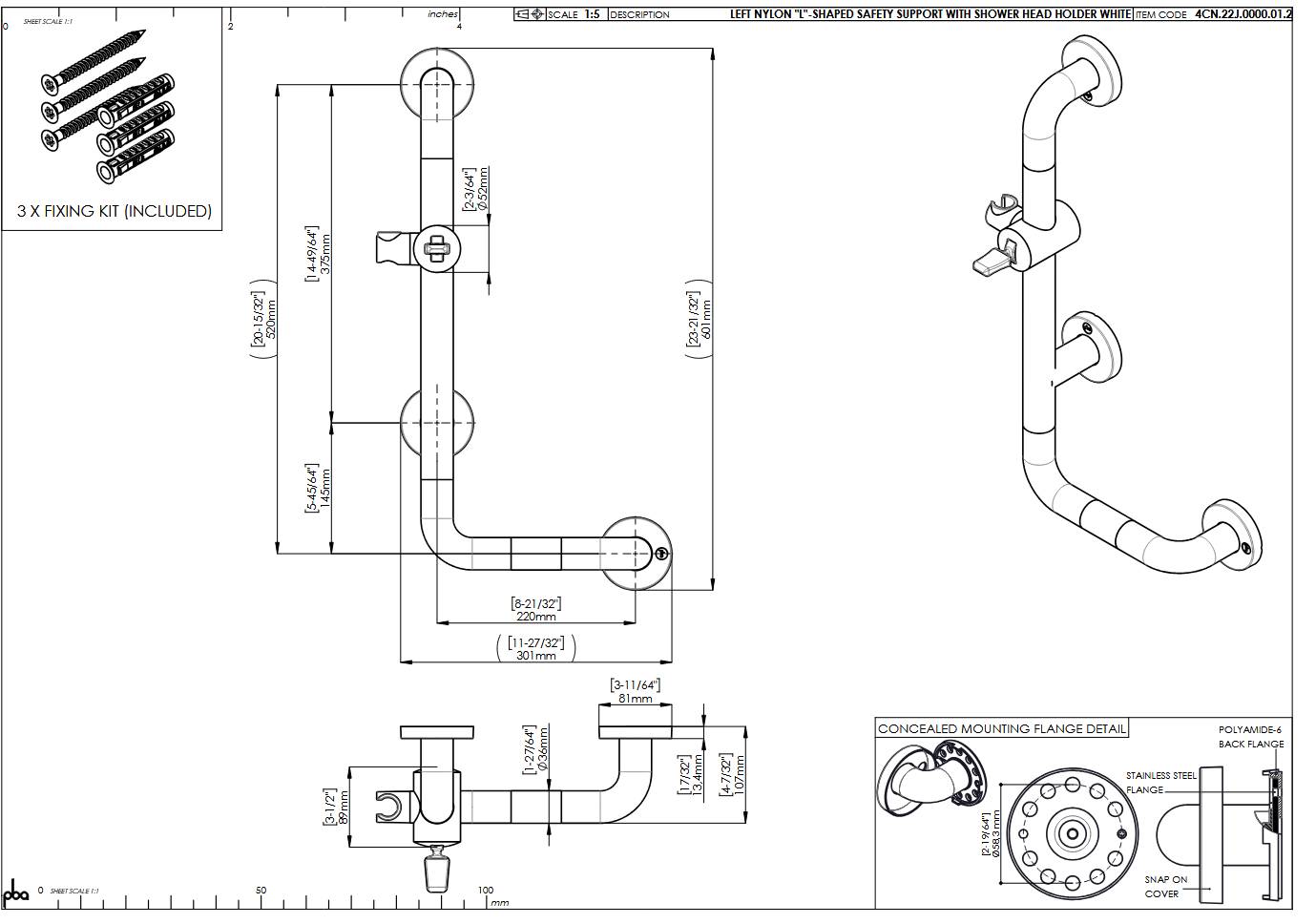 pba A1 Haltegriff mit BH L 220x520mm, L-Form, aus Nylon